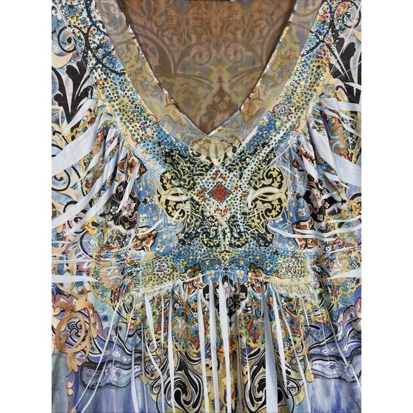 Unity Womens Boho Blouse Size XL Beaded Mesh Multi Color Artsy Short Sleeve - Picture 3 of 10